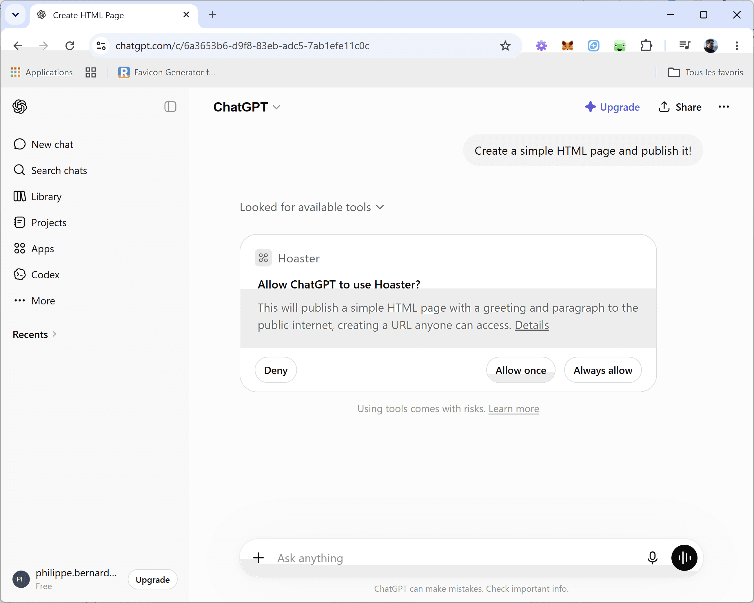ChatGPT asking permission to use the Hoaster app after the prompt