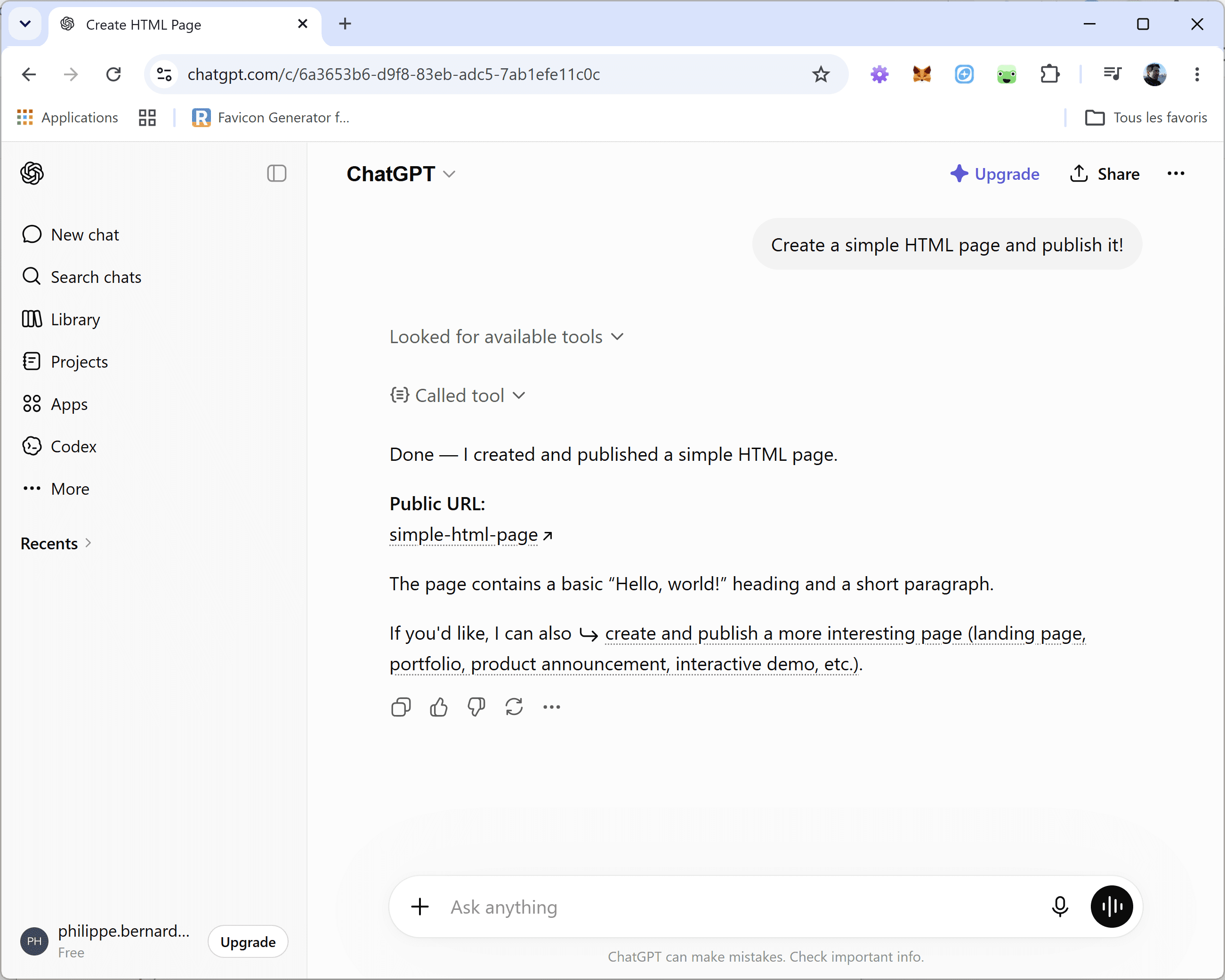 ChatGPT replying with the public URL of the published page