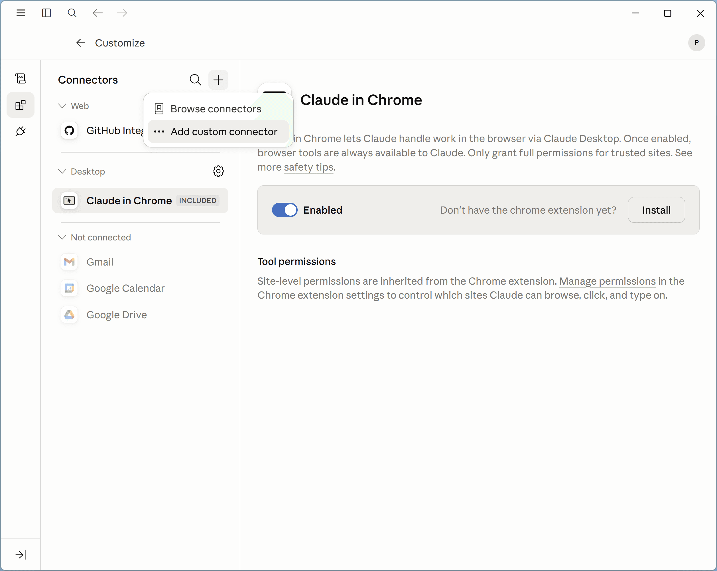 The add menu open with Add custom connector highlighted