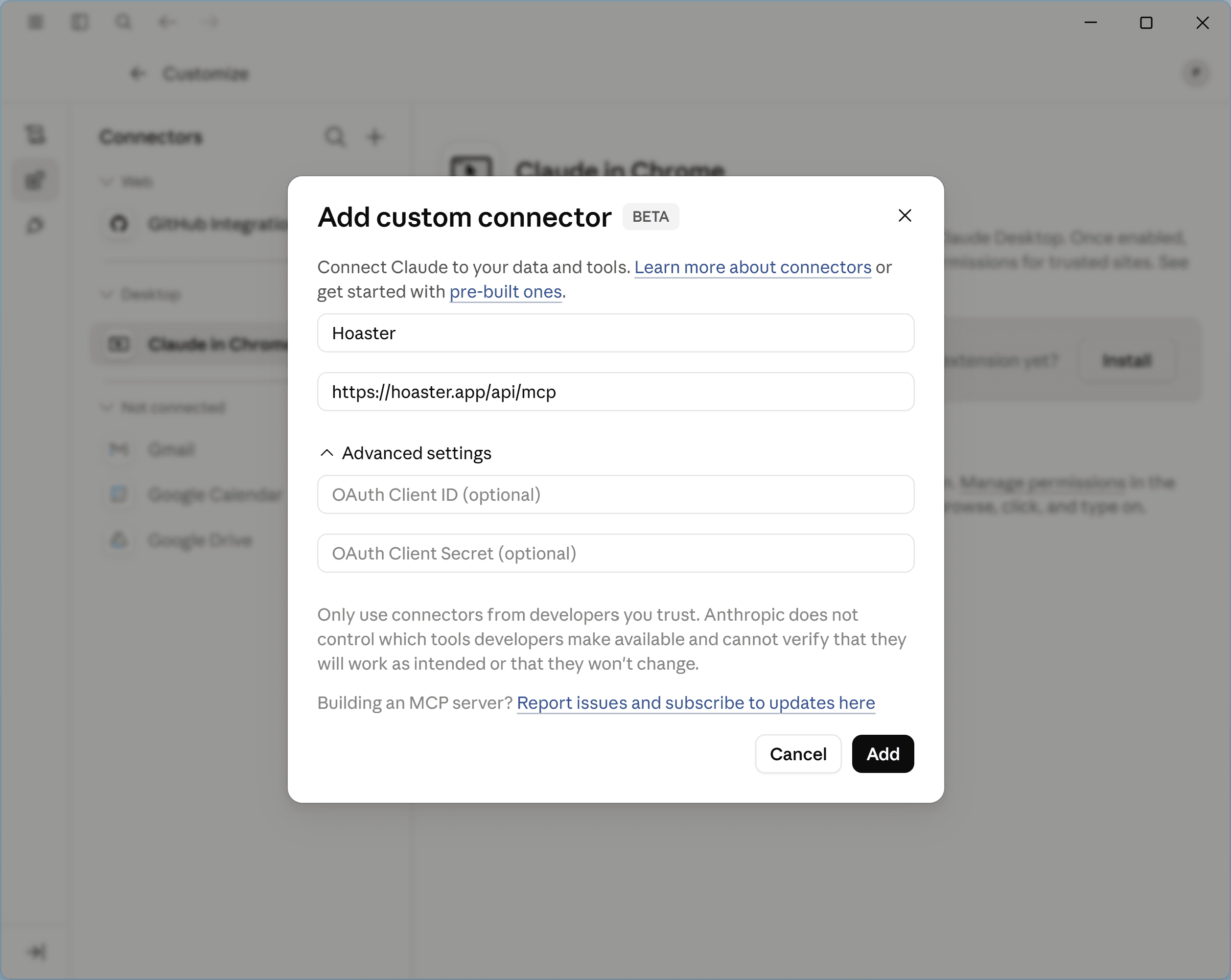 The Add custom connector dialog filled in with the Hoaster name and URL