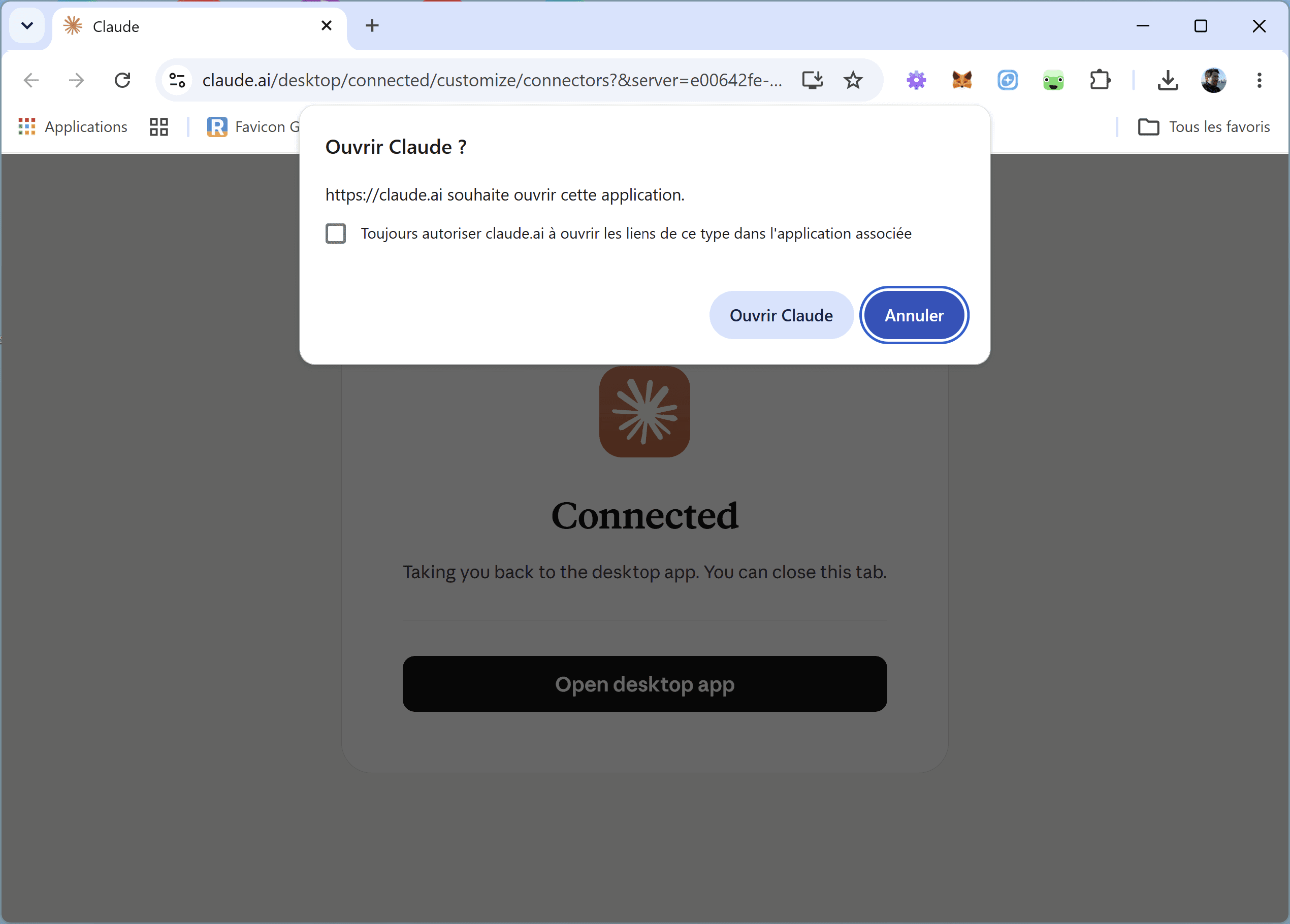 The browser confirming the connection and offering to reopen Claude