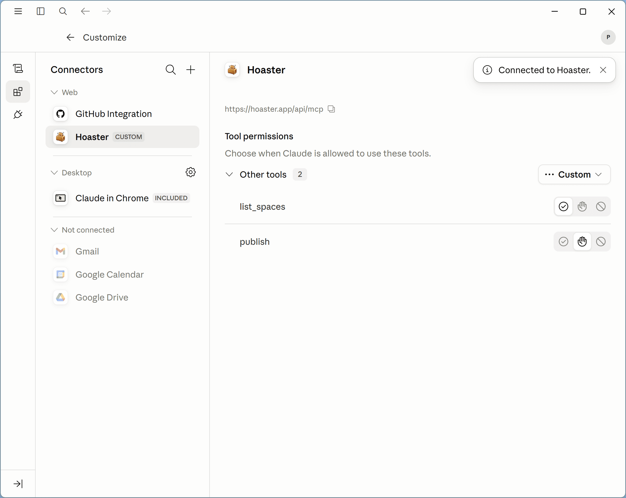 Claude Desktop showing Hoaster connected with its tool permissions