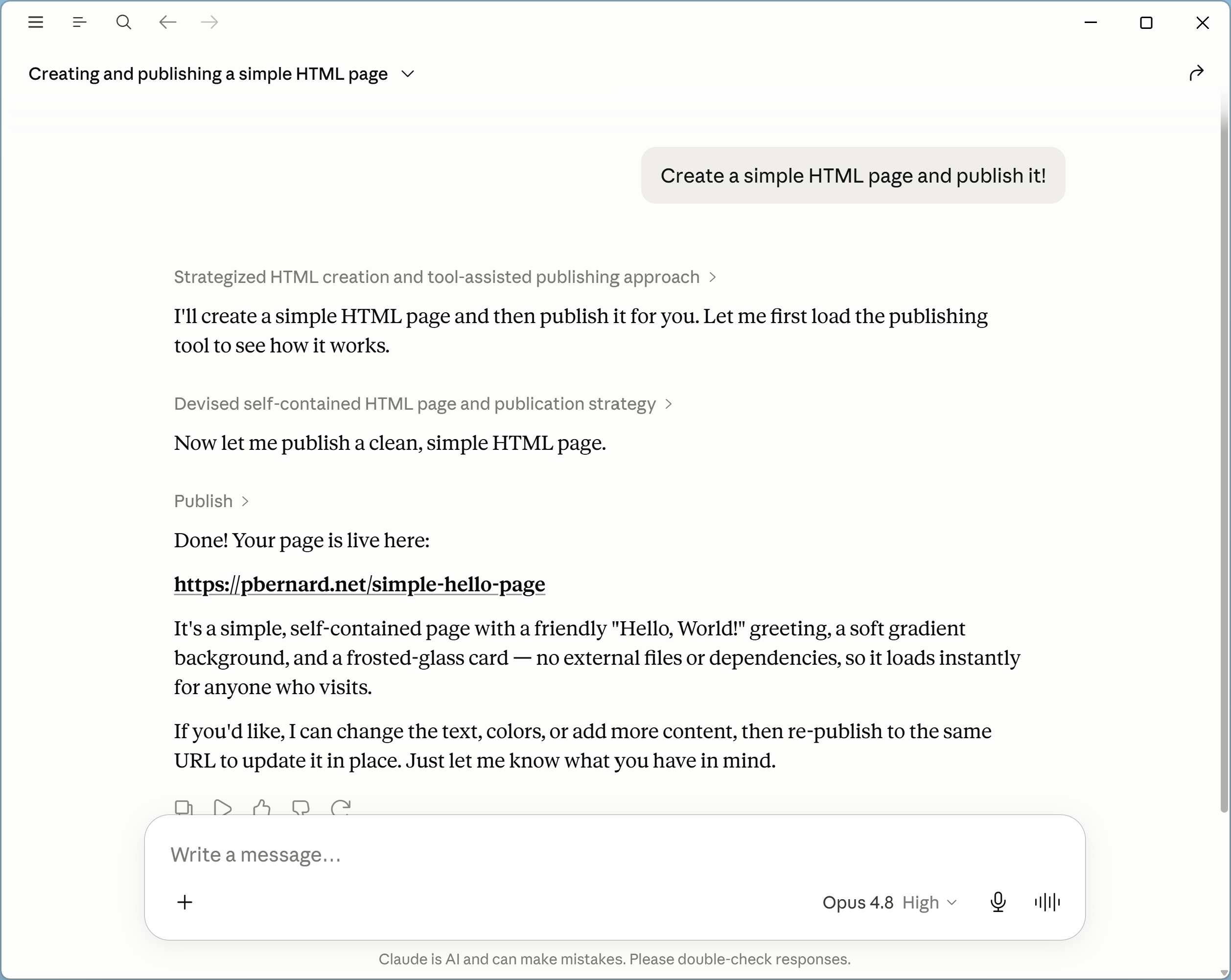 Claude replying with the public URL of the published page